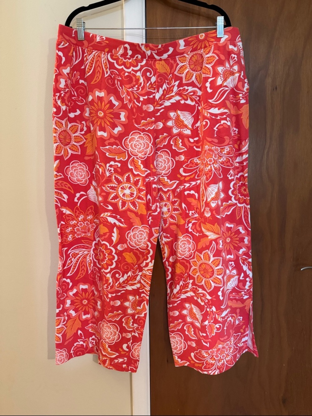 Denim and Co. Beach Pants Bright Floral Red/orange/Coral